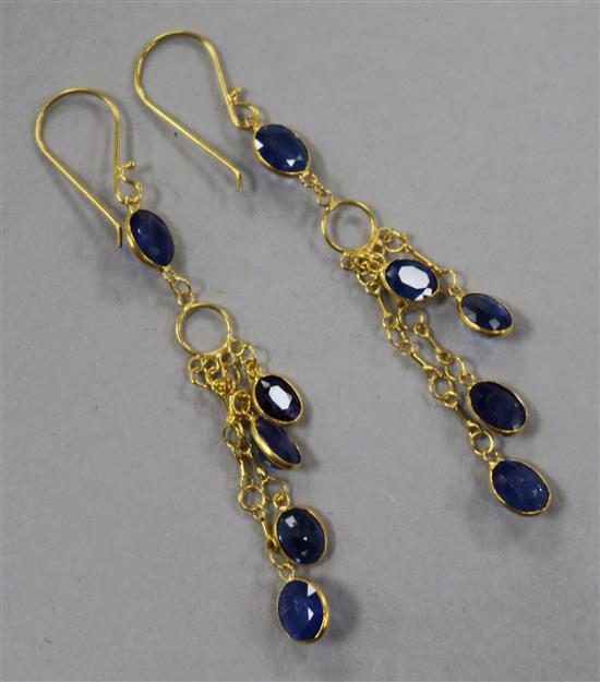 A pair of 14ct gold and sapphire drop earrings, 46mm.